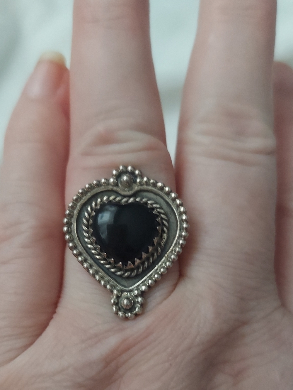 New Sterling Silver & Black Onyx Heart Adjustable Ring 6-10